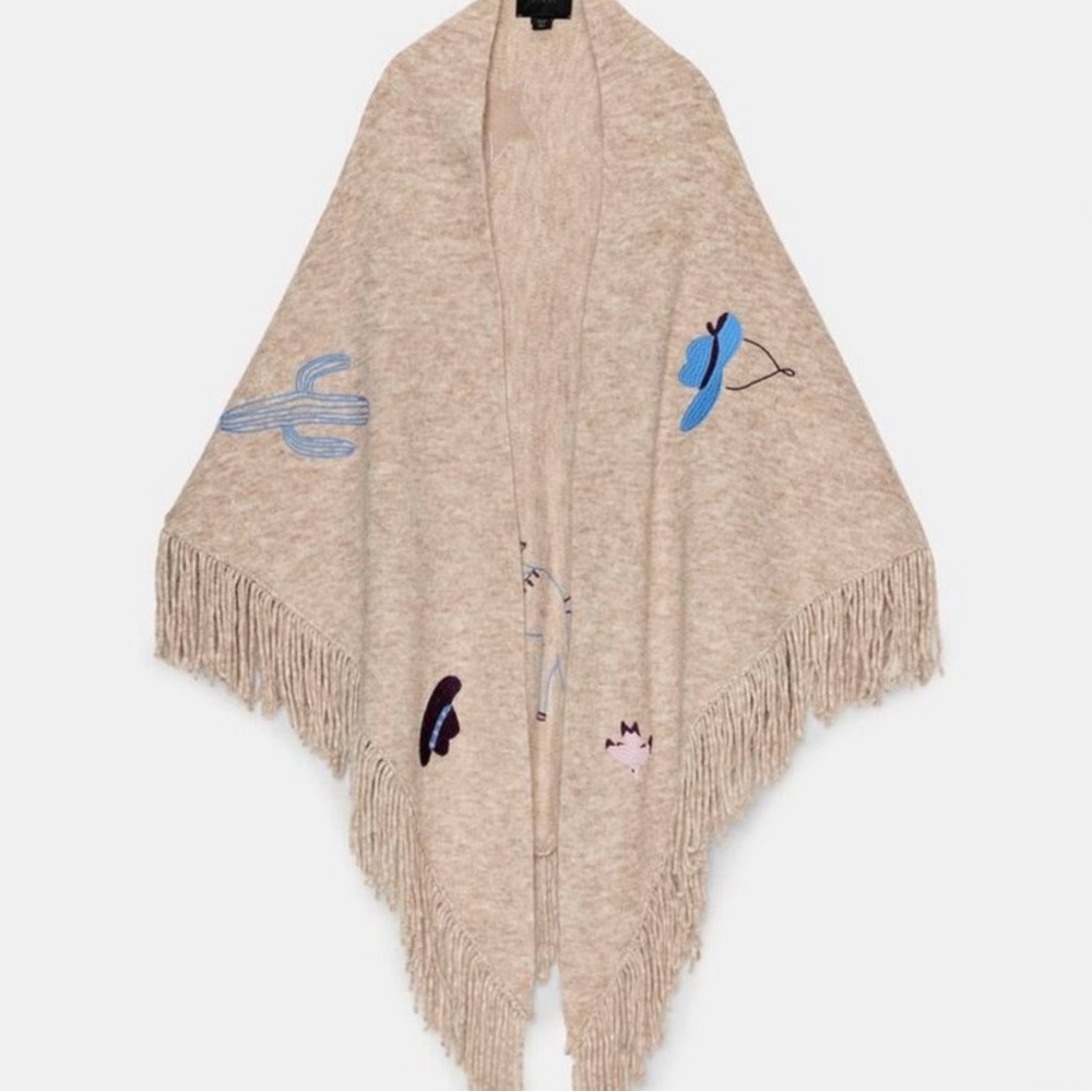 Zara Beige Fringe Poncho with Embroidered Accents